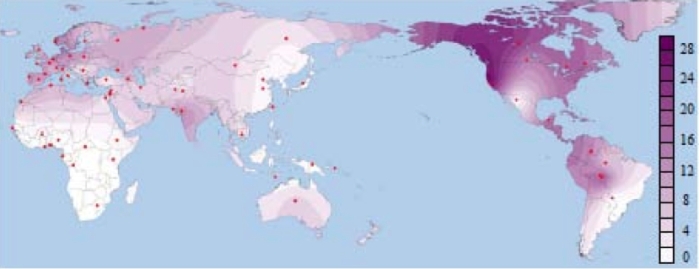 Worldwide distribution of B006, (from Yotova et al. “An X-Linked Haplotype of Neandertal Origin Is Present Among All Non-African Populations,” Mol. Biol. Evol. 28 (7), 2011).