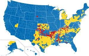 Wet counties = blue; dry counties = red; yellow counties = mixed laws