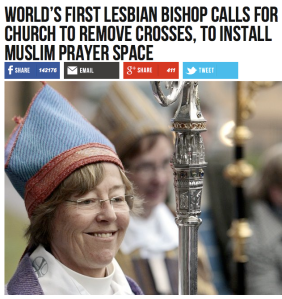 "The Bishop of Stockholm has proposed a church in her diocese remove all signs of the cross and put down markings showing the direction to Mecca for the benefit of Muslim worshippers." (Swedes.)